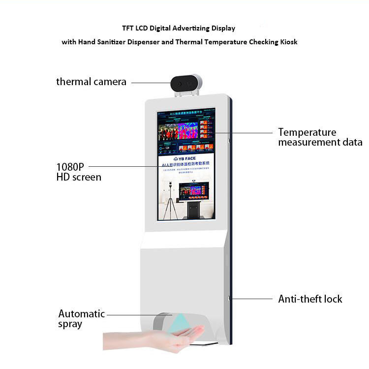TFT LCD Digital Advertising Display with Hand Sanitizer Dispenser and Thermal Temperature Checking Kiosk